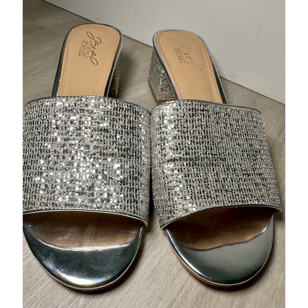 Jewel Badgley Mischka Women's Silver Glitter Block Heel Mules Slides Size 7.5